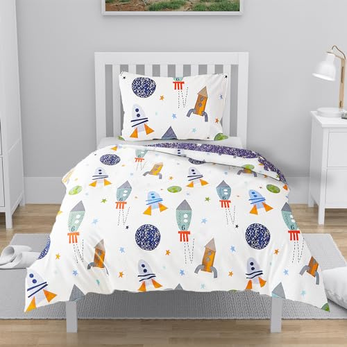 YASMENG Housse de Couette 140x200 Enfant Motif Fusée Planète 100% Coton | Parure de Lit Enfant Réversible Linge de Lit Cartoon Pour Enfants Garçons avec Fermeture Éclair avec Taie d'oreiller 65x65 cm