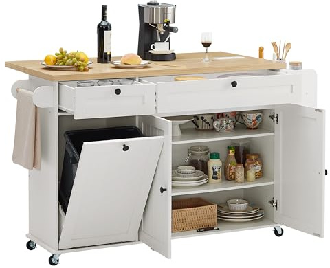 60 Kitchen Island with Power Outlet & Drop Leaf, Kitchen Rolling Island with Spice Rack & Towel Rack, Knife Holder, Kitchen Island Cart with Trash Storage Cabinet, Mobile Island Table for Kitchen
