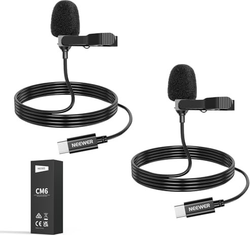 NEEWER Pack de 2 Mini Microphones Lavalier USB C Compatibles avec iPhone 16 15 Pro Max Téléphone Android Tablette PC, Micro Cravate Omnidirectionnel à Condensateur avec Pince et Câble 2m/6,6ft