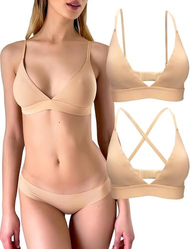 KUKU PANDA 2 Pack Damen Triangel Bralette Bequeme Baumwolle Wireless gepolsterte BHS Lightly Lined V-Ausschnitt (Beige, M