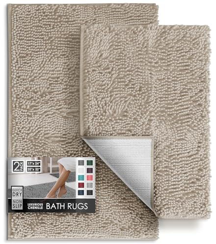 Hearth & Harbor Chenille Bath Mat - Machine Washable, Non-Slip Backing, Quick Dry, Small - Medium Hunter Green, 17x24 & 20x32 inches