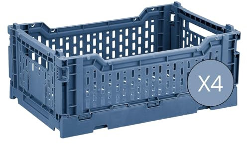 Box and beyond - Lot de 4 Caisses de Rangement pliables - 40 x 30 x 15 cm - Plastique Bleu - Pliables - Avec Poignées - Rangement - Cuisine, Bureau, Chambre, Salon - Style Simple et Pratique