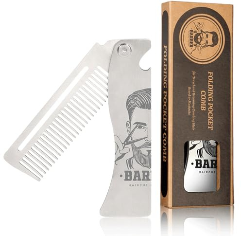 Metal Hair & Beard & Mustache Comb, Multifunctional Folding EDC Pocket Comb With Bottle Opener - Anti-Static for Travel and Everyday Grooming Styling - Silver
