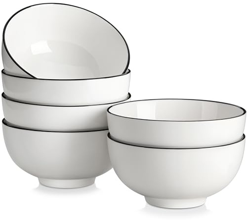 MALACASA 780ml Porcelain Soup Bowls Set of 6, Cereal Bowls for Kitchen | Ceramic Serving Bowls for Salad, Dessert, Breakfast, Fruit, Ramen, Dishwasher & Microwave Safe, Ivory White with Black Rim
