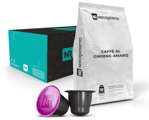 NERORISTRETTO Ginseng Amaro Senza Saccarosio 50 capsule (5 confezioni da 10) Compatibili con le Macchine ad uso domestico Nespresso®* Caffè al Ginseng Solubile, Dosaggio Consigliato 40 ml