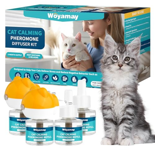 Woyamay Diffusore Feromoni per Gatti con 2 Diffusori + 4 Ricariche 48 ml, Calmante eTranguillante per Gatti, Antistress Gatto Fino a 120 Giorni