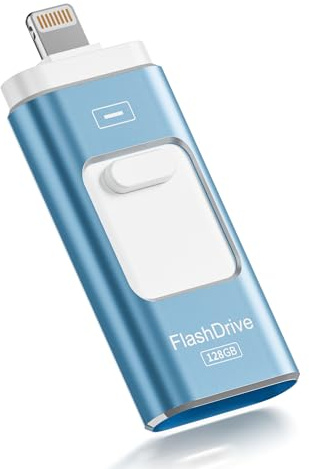 ROSPE USB Stick 128GB for iPhone, MFi Certified Lightning Memory Stick, 3-in-1 Flash Drive for iPhone/iPad/Android/PC, USB 3.0 High-Speed Photostick Thumb Drive Transfer Photos Videos, Grayish Blue