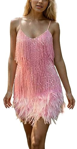 Générique Robe sans Manches en Plumes Sequins Franges de Couleur Unie pour Femmes Femme Paillettes Bretelles Spaghetti a Frange Deguisement Carnaval