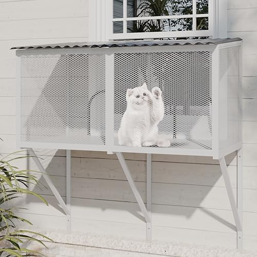 ROOMTEC Cat Window Catio Metal Sturdy Cat Enclosure for Cats Waterproof Roof Cat Perch with Insect Net Cat Cage for Safely Enjoying The Outdoor Sights Scents and Napping,White