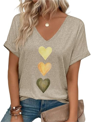 heekpek Women's T-Shirts Summer Casual Deep V Neck T Shirts Rolled Up Short Sleeve 3 Heart Print Loose Tee Shirts Basic Tops, Apricot, XL
