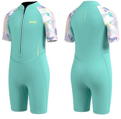 GoldFin Kids Shorty Wetsuit, Toddler Wet Suit Boys Girls 2mm Neoprene Front Zip Wetsuits Keep Warm in Cold Water Swimming Surfing Snorkeling Kayaking, Green Size 12