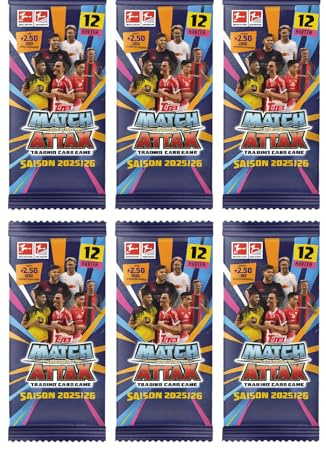 Topps Match Attax Bundesliga 2025/26 – 6 paquetes de refuerzo con 12 cartas cada uno – Tarjetas comerciales para coleccionistas y aficionados al fútbol