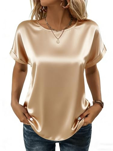 Lshyuehao Satin Blouse for Women Short Sleeve Crewneck Tshirt Business Casual Silk Shirt Summer Going Out Tops (A-Gold, M)