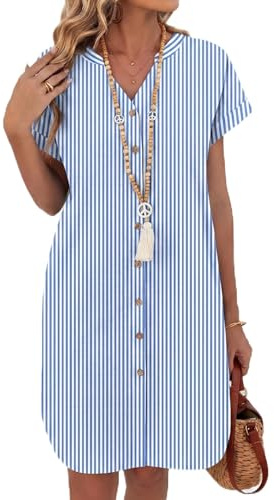 Zeagoo Robe Lin Femme Ete Manches Courtes Chemise Robe Rayée Robes de Plage Col en V Courte Chic et Elegant Robes Rayures Bleu L