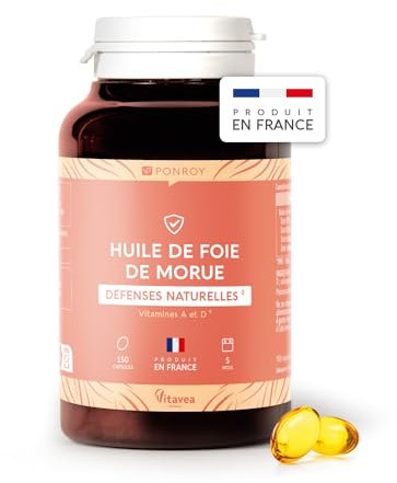 Yves Ponroy Huile de foie de Morue - Complément Alimentaire Immunité Adulte - A base d'Huile de Foie de Morue, Vitamine A et Vitamine D - 150 Capsules - Cure de 150 Jours - Fabriqué en France