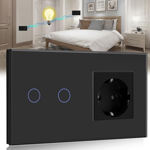 BSEED Interrupteur tactile avec prise de courant avec affichage LED 2 voies 2 voies Touchez le champ de capteur tactile Prise murale LED Lampes LED Noir (pas interrupteur intelligent)