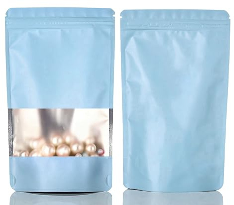 Rimiko 50pcs Resealable Mylar Stand up Ziplock Bags with Clear Window, Zipper Aluminum Foil Pouches, Reusable Mylar Bags Color Packaging for Candy Coffee Beans Food Storage (Sky Blue, 6.3x 9.5)