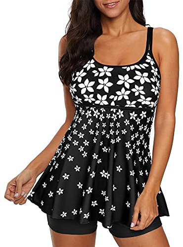 Zando Women's Two Piece Swimsuits Slimming Bathing Suits Floral Tankini Top with Boyshort Swimsuit Long Torso Tankini Tummy Control Swimsuit 2 Piece Bathing Suits for Women Black White 2XL (US S
