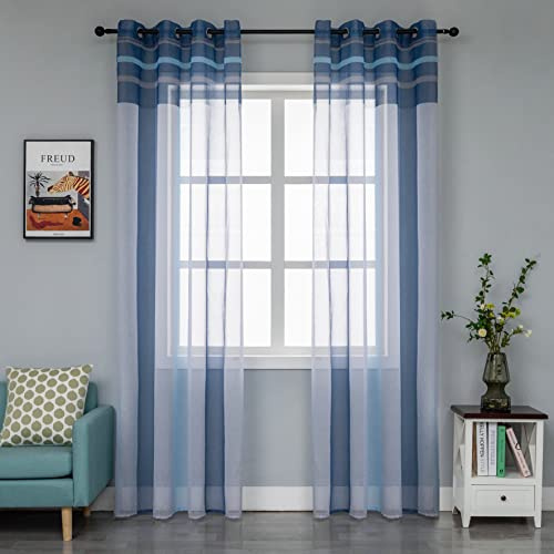 GIRASOLE HOME Coppia Tende Voile Semi Trasparenti a Righe Tenda per Soggiorno Camera Cameretta Cucina e Interni 2 Pannelli con Occhielli (140x270cm, Blu+Grigio)