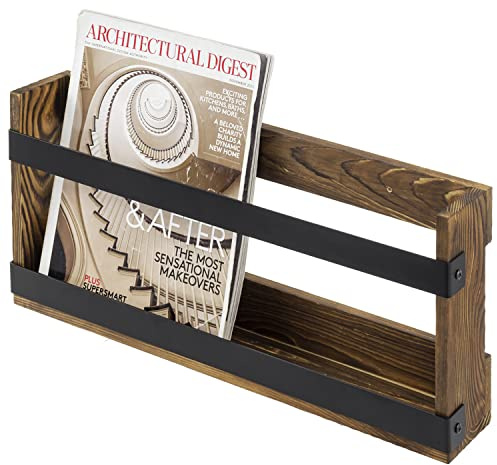 MyGift Rustic Burnt Solid Wood and Industrial Matte Black Metal Magazine Display Rack, Wall Mountable Double Wide Book Holder or Standing Organizer