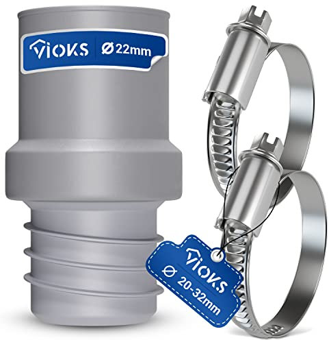 VIOKS Set 2x Schlauchschellen Edelstahl 20-32mm & Waschmaschine Abfluss Adapter 22mmØ für 22mmØ - Spülmaschine Ablaufschlauch Endstück Verbinder
