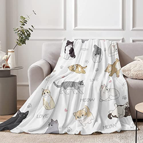 Lingqiang Katze Kinder Decke, 130 x 150 cm Flauschig Fleece Weiß Katze Kuscheldecke für Mädchen, Weich Weiss Kätzchen Flanell Wohndecke für Kleinkind Teenager Geburtstag Geschenke Sofa Couch Deko
