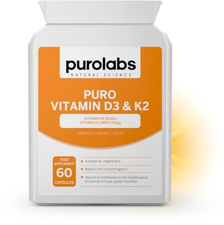 Purolabs Vitamin D3 3000iu & K2 100ug (MK7) - High Strength Vitamin D Supplement for Immune Support, Mood & Bone Health - Vitamin D3 K2 Vegetarian Capsules - Vitamin D Tablets 60 Count
