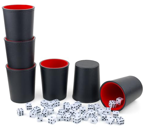 RERIVER Felt-Lined PU Leather Dice Cup Set, 6 Quiet Dice Shaker Cups with 36 Dices for Bar Party Yahtzee Farkle Dice Games, Red and Black