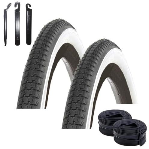 2 x Roverstone 28 Fahrradreifen Fahrradmantel Schwarz/Weiß 40-635 (28 x 1 1/2) + 2 x passende Schläuche DV inkl. Reifenheber