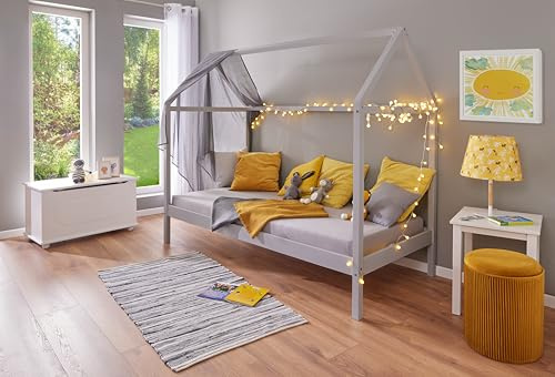 Inter Link – Kinderbett 90 x 200 cm– Hausbett – Jugendbett – aus massivem Kiefernholz – Für Jungen und Mädchen – Grau lackiert – Schadstofffrei – Pflegeleicht – Sun Road 90 x 200 cm