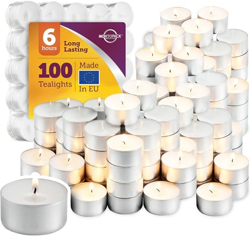 MontoPack Unscented White Tealight Candles Bulk [100] | 6 Hours of Smokeless, Dripless, Long Lasting Burning Paraffin Tea Lights | Small Votive Mini Candles for Home, Shabbat, Weddings & Emergencies