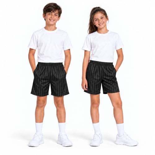 KHIM barn skugga rand skola PE shorts pojkar flickor sommar gym sport fotbollsspel cykelshorts, Svart 2-pack, 3-4 Years