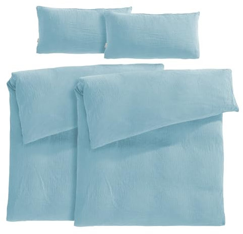 Pure Label Musselin Bettwäsche 135x200 4 teilig bestehend aus Bettbezug 135 x 200 cm 2er Set + Kissenbezug 40x80 cm 2er Set aus Baumwolle - Traumhaft kuschelige Bettwäsche-Sets in blau