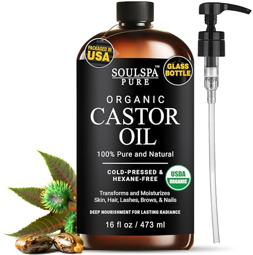 Organic Castor Oil for Hair, Scalp, Skin, Face & Eyelashes | USDA Certified | 100% Pure Castor Oil Organic Cold Pressed Unrefined Glass Bottle, Hexane Free - Soulspa Pure - 16 fl oz