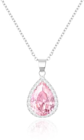 Linawe Kette Halskette Damen Pink Rosa Anhänger Silberkette, Silber Diamant Geburtsstein Kristall Kettenanhänger Charm Kette Schmucksets für Damen, Fossil Kette Jewelry