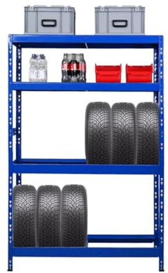 PROREGAL Reifenregal Tiger | HxBxT 180x120x40 cm | bis zu 12 Reifen auf 2 Ebene + 2 Ablagen | Blau | Werkstattregal, Lagerregal, Kellerregal
