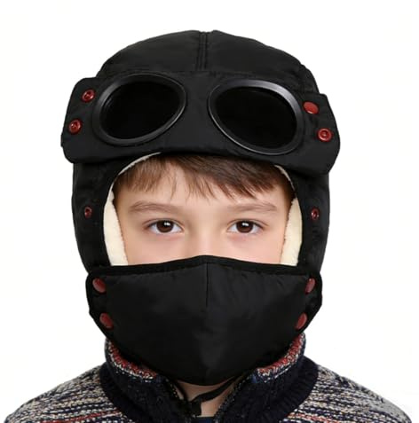 ITODA Cappello da aviatore invernale per bambini, foderato in pile, antivento, con copertura per il viso rimovibile, anti-appannamento, morbido e caldo, per bambini dai 5 ai 10 anni, sport all'aria