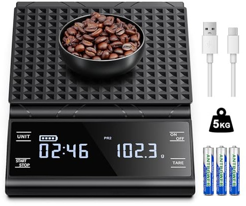 BKXCHA Balance à café avec minuteur, 5 kg/0,1 g balance de cuisine numérique rechargeable, balance de précision pour expresso, balance de cuisine numérique LCD avec mesure automatique du temps
