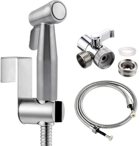Hand-Bidet-Toiletten-Set mit Wasserhahn-Spray, 2 m Brauseschlauch und Haken, perfekt zum Waschen von Haaren oder Waschbecken (Silber)