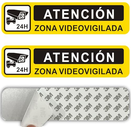 ROUMIO® 2 Piezas carteles videovigilancia autoadhesivas de aluminio - 5 x 20 cm - Cartel zona videovigilada - Patrones llamativos - Robustos y duraderos (Señal Alarma)