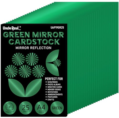 Cartulina A4 con efecto espejo verde navideño: 25 hojas, 250 g/m²/92 lb, papel reflectante metálico laminado para manualidades, UAP19GR25