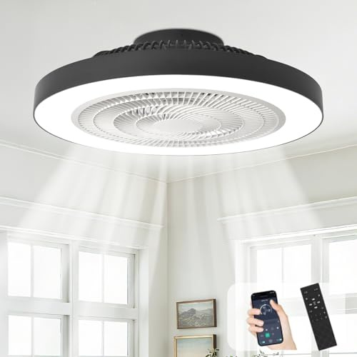 Depuley Flush Mount Ceiling Fan: 20 Inch Bedroom Modern Low Profile Led Ceiling Fans with Light - Smart APP and Remote Control Black Bladeless Fandelier Dimmable Quiet DC Motor for Kitchen Lighting