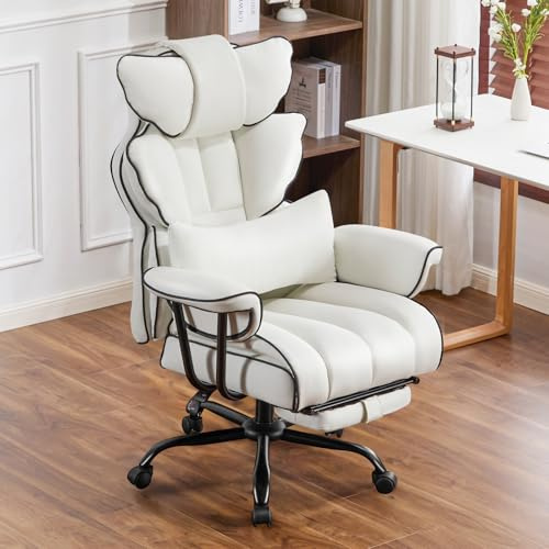 Ckaff Fauteuil de Direction, Chaise de Bureau avec Repose-Pieds, Ergonomique Fauteuil de Bureau Cuir PU Inclinable avec Support Lombaire, Chaise d'Ordinateur à Hauteur Réglable, Pivotant 200kg (Blanc)