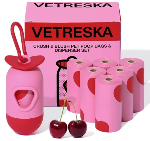 VETRESKA Dog Poop Bag Dispenser with Smoked Cherry Scented Poop Bags, Leak Proof and Extra Thick Pet Waste Bags, 1 Poop Bag Holder and 105 Bags for Dog Walking and Cats Litter