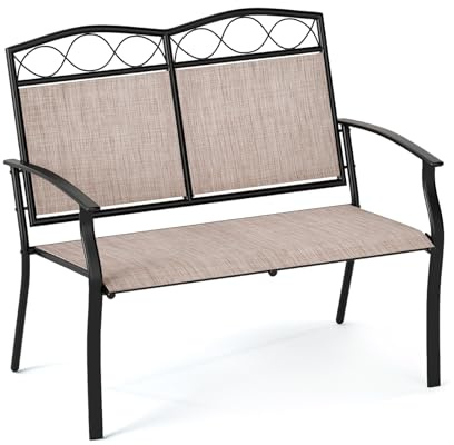 GIANTEX Banc Exterieur Jardin avec Dossier et Assise en Tissu Respirant, Charge 300 kg, Cadre en Métal Robuste avec Accoudoirs, Banquette Exterieur Jardin 2 Places pour Porche, Patio, Piscine, Marron