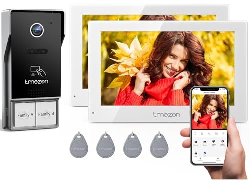 TMEZON Videocitofono Bifamiliare Y73,Videocitofono Smart Wifi 2 Fili con due monitor a Colori TFT LCD da 7'' e Campanello Esterno con Telecamera 1080P, Sblocco APP/RFID,Rilevamento Movimento Umano