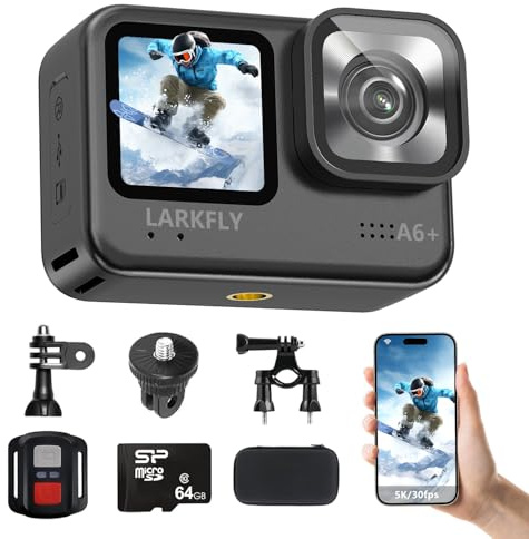 GBUZUYO Action Camera, 5K/30fps Waterproof Action Camera, with APP & WiFi Control, 1/1.3 Sensor, EIS Anti-Shake, Subject Tracking, Includes 64GB Card, Vlogging Camera Ideal for Sports & Adventure