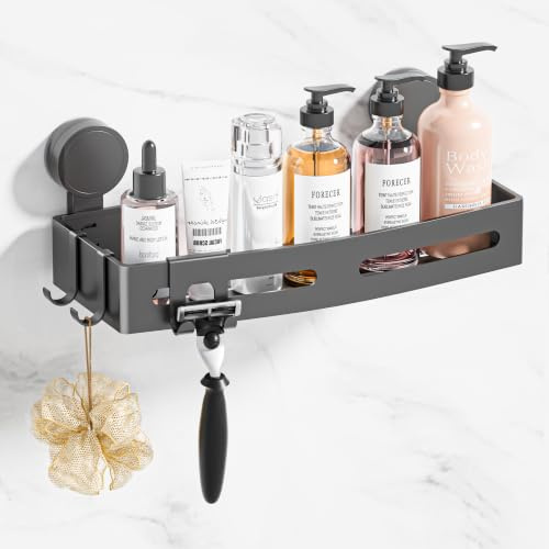 Wisfame Estanteria de Ducha sin Taladros, Estante Baño Ventosas, Estanterias Ducha Soporte Desmontable y Antióxido con Ganchos Carga MAX de 10 kg, Organizador Baño para Champú de Jabonera y Gel, Gris