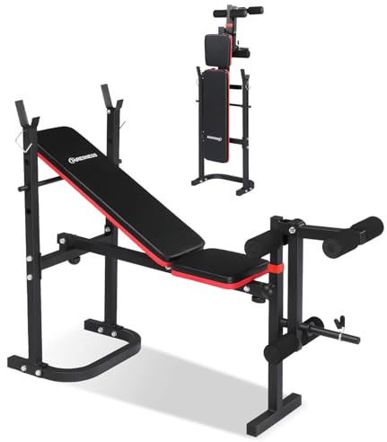 LEADZM Pliable Banc de Musculation Réglable avec Support pour Haltères, Dossier/Siège Réglable sur Trois Positions, Adapté à un Entraînement Complet, Capacité de Charge 200 kg (Noir et rouge)