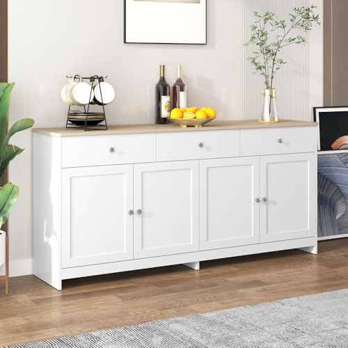 Oslghy Aparador Cocina, Aparador Mueble de Cocina, Buffet Comedor Salon con 4 Puertas, Modern Mueble Auxiliar para Buffet, Vitrina con Estantes Regulables para Dormitorio y Salón, Blanco, 160x37x75cm